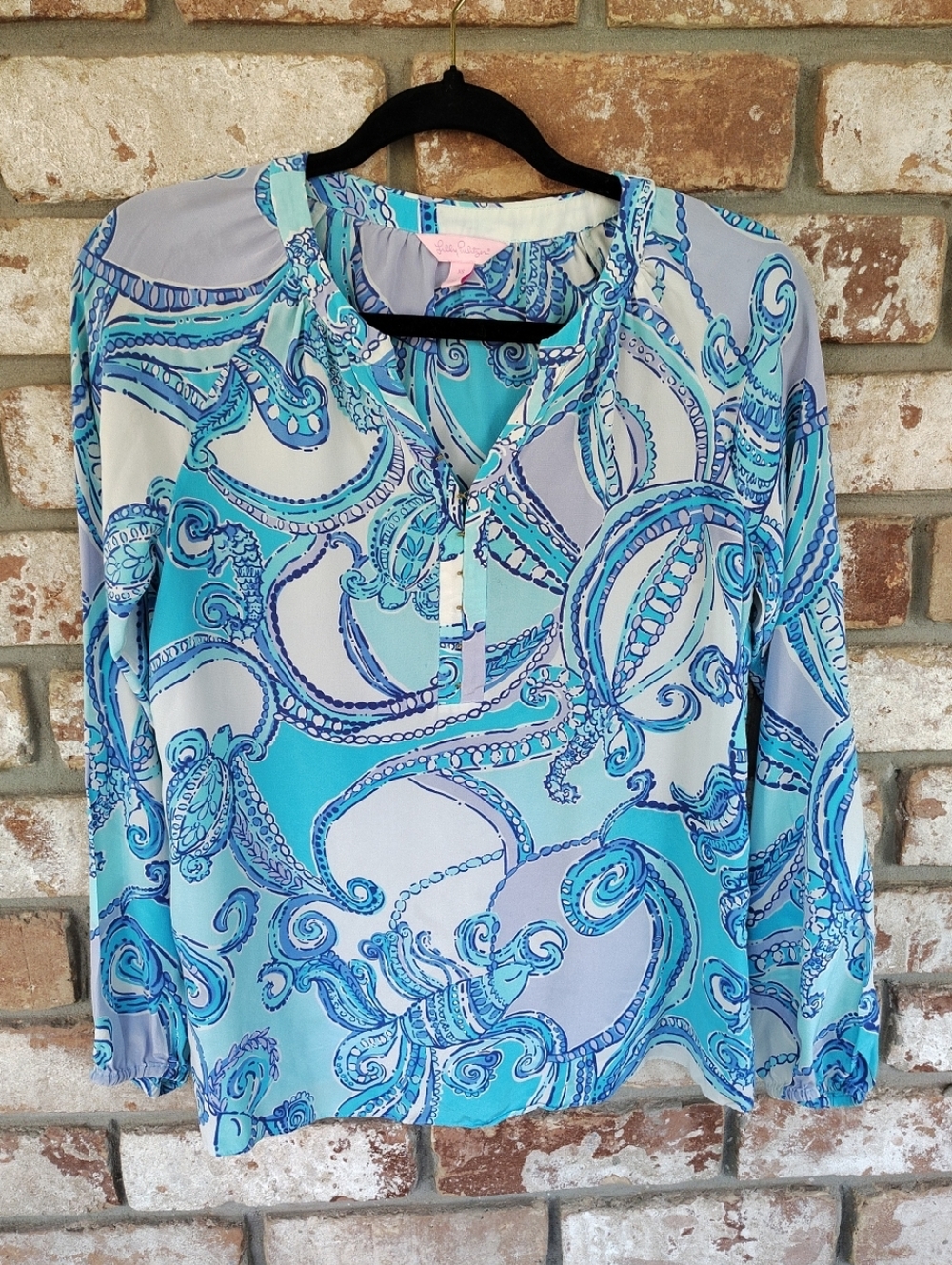 Lilly Pulitzer Elsie Silk Top Searulean Blue Test The Water Print XS Resort Wear